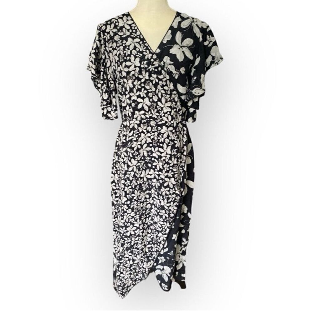 Isolda Women's Floral Wrap Dress Size 6 Black Midi Length Party